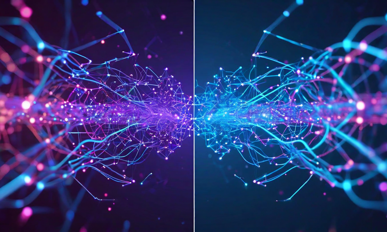 LLMアライメントにおける従来のポリシーグラディエント法と直接バックプロパゲーション法の対比を示す未来的なビジュアル。左側は複雑に絡み合った計算フローと間接的なグラディエント経路を表現し、右側は効率的で直線的な計算フローを表現している。中央の変換効果が両者の進化を象徴している。