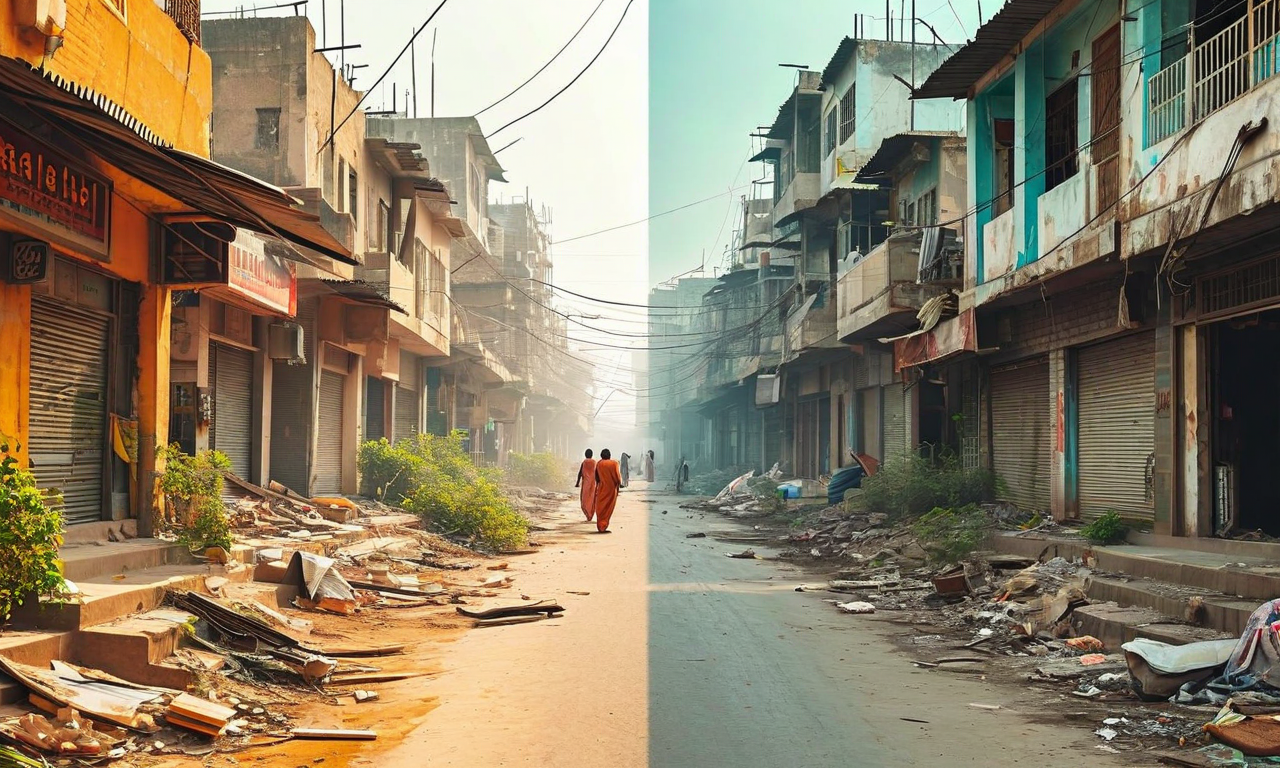 被災地の現在の状況を二分割で表現した画像。左側は新しく復興した建物、最新の防災施設、活気のある商店街を示し、右側は空き家、閉店した店舗、人気のない街並み、高齢者の姿を描写。中央には成長と喪失が共存する様子を視覚的に表現している。