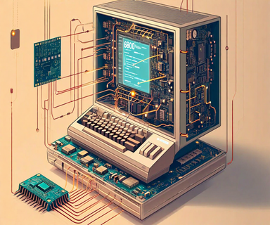 Technical illustration showing an Atari ST computer with visible internal hardware components transitioning into a modern web browser, representing the emulation of vintage hardware through WebAssembly technology