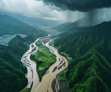 Aerial view of Northern Kyushu's mountainous river valleys during heavy rainfall, showing swollen rivers flowing through green mountains under dark storm clouds, illustrating flood vulnerability in the region