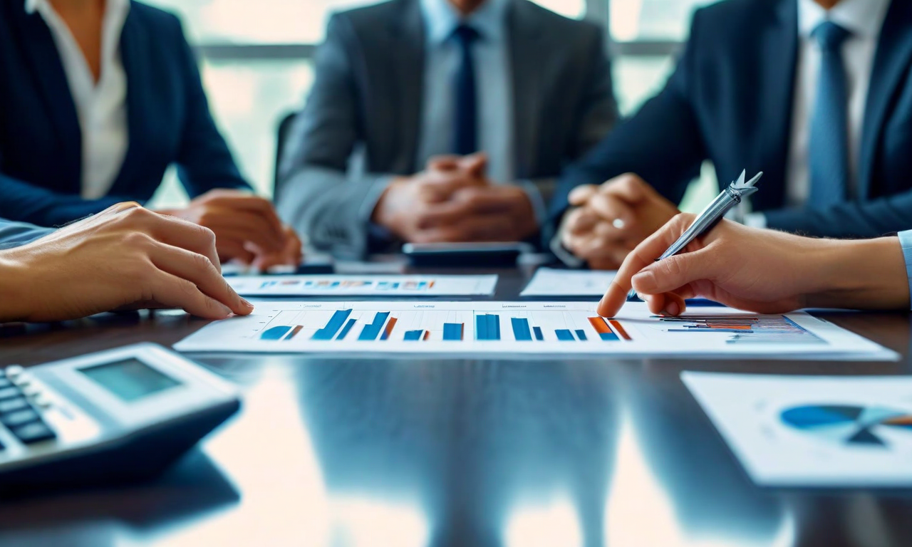 M&A取引における価格再交渉の場面を描いたビジュアル。モダンな会議テーブルで複数のビジネスパーソンが下降トレンドのグラフと交渉資料を前に、戦略的な判断を行っている。価格調整と取引保全の緊張感を表現したプロフェッショナルなイラスト。