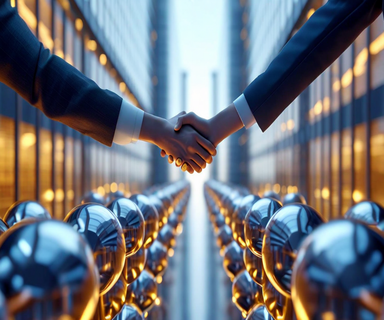 Corporate buildings connected by a bridge with industrial catalyst materials and molecular structures in the background, representing Honeywell's acquisition price adjustment for Johnson Matthey's Catalyst Technologies division