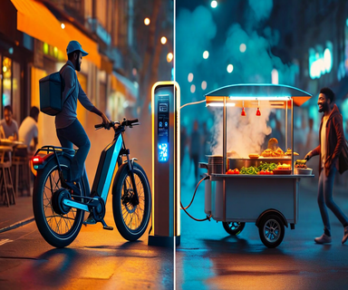 Split-screen image showing an electric bike battery swapping station on the left and a modern street food cart powered by e-bike batteries on the right, illustrating the transformation from traditional generators to clean battery power in urban food service