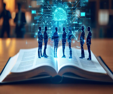 An open book with holographic AI neural network patterns emerging from its pages, surrounded by silhouettes of people collaborating, representing the thoughtful integration of artificial intelligence in educational settings