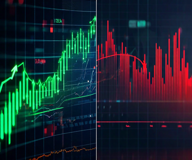 Split composition showing rising stock chart with green upward trend transitioning to red downward correction, symbolizing the disconnect between market expectations and actual earnings performance