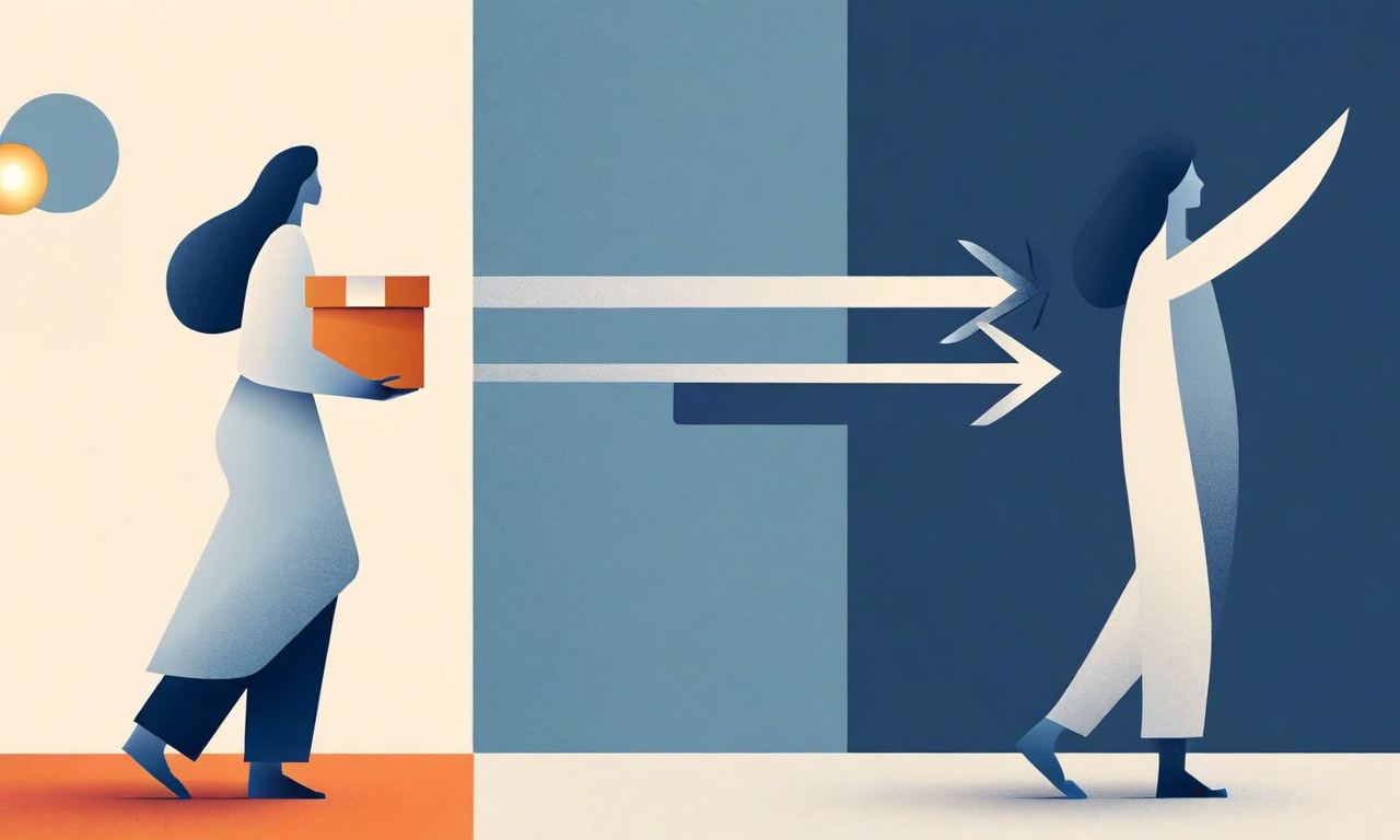 非対称なコミュニケーション負荷を表現した抽象的なビジュアル。左側の人物は軽い荷物を楽に持ち、右側の人物は重い荷物に苦労している。二人の間には太さが異なる双方向矢印があり、一方は細く流暢に、もう一方は太く負荷がかかった情報フローを示している。スケール、重量分布、視覚的な緊張を通じて不均衡を強調している。