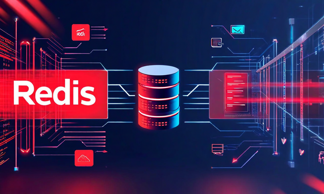 Redisの赤いロゴから堅牢なデータベース（PostgreSQL/MySQL）への移行を示す技術イラスト。左側の赤く光るRedisシンボルから右側の堅牢なデータベースアイコンへと矢印で遷移する様子を表現。速度と耐久性のバランスを視覚的に表現したデジタルアート。