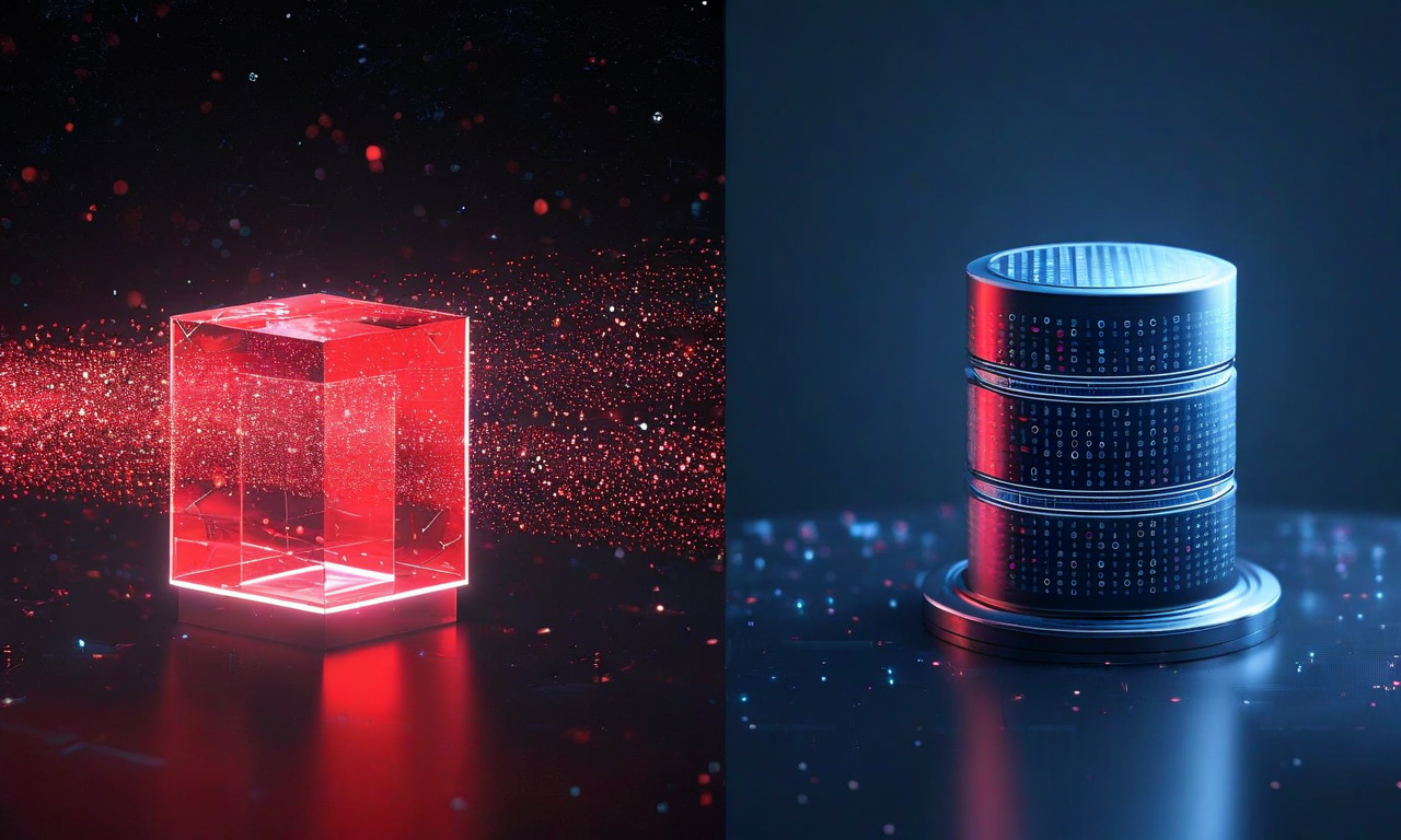 Split-screen illustration showing a transparent red cube with disappearing data particles on the left representing Redis's volatile memory, contrasted with a solid blue database vault on the right representing persistent storage, symbolizing the transition from Redis to more durable queue systems