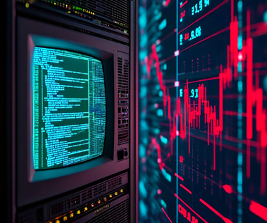Split image showing a vintage IBM mainframe with COBOL code on the left transitioning to modern AI neural networks on the right, connected by a downward red stock chart line, representing the market impact of AI-driven legacy system modernization