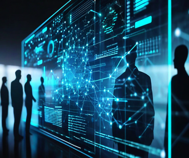 Digital illustration showing holographic data screens with network analytics and anonymous human silhouettes connected by tracking lines, representing surveillance and data aggregation technology in dark blue tones