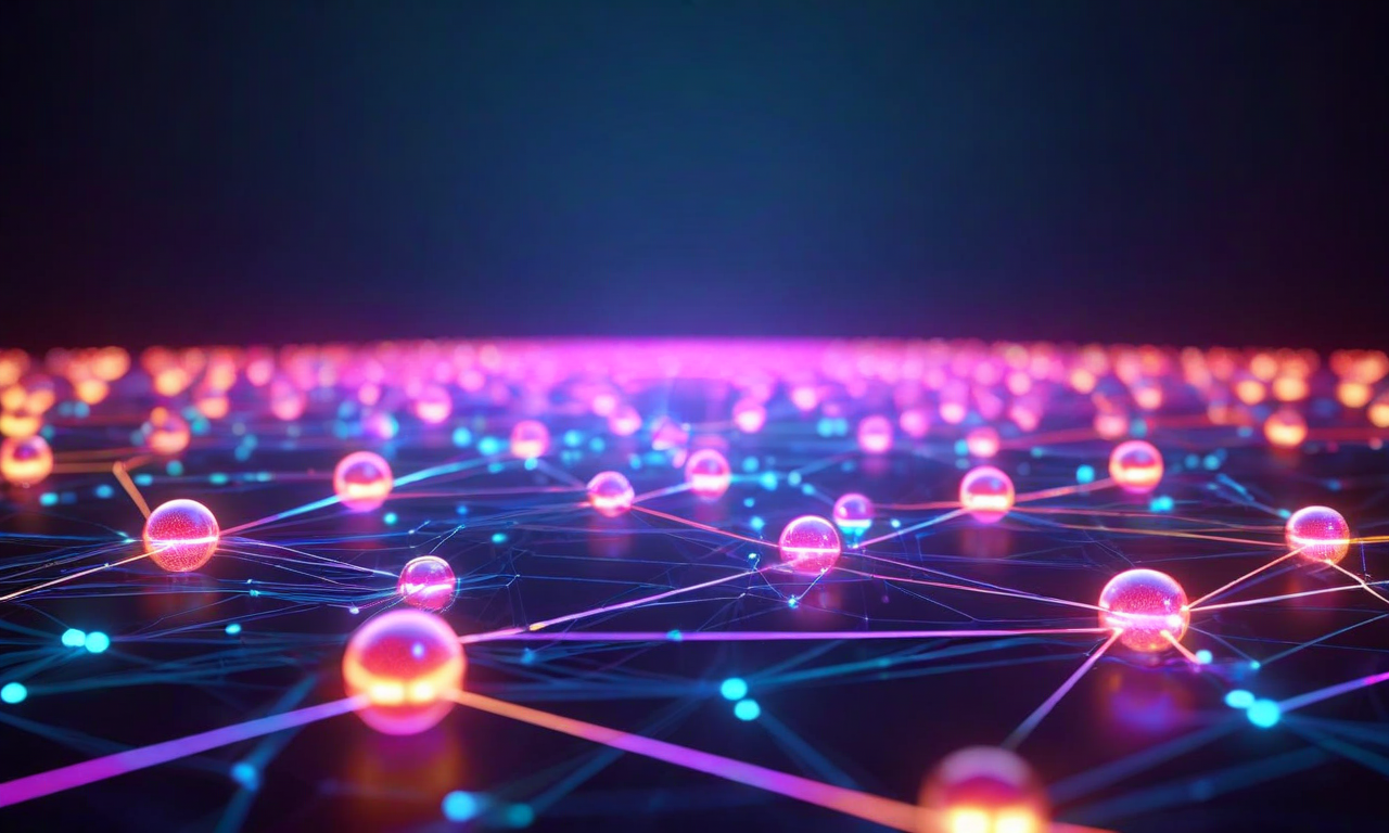 バッチ内の複数のトークンを表現した視覚化。各トークンは異なる色の発光する球体として表示され、下部に複数のエキスパートモジュールが配置されている。接続線は各エキスパートが割り当てられたトークンのサブセットのみを処理していることを示し、処理されないトークンは接続されていない。青から紫へのグラデーションが活性と非活性の接続を表現し、トークンレベルでの計算削減を直感的に伝えている。