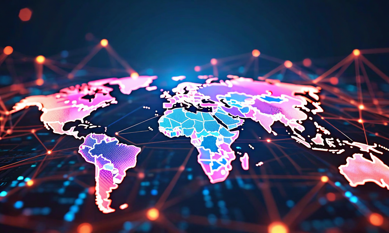 異なる地域を表す複数のノードが相互に接続され、各地域の規制要件、文化的背景、技術スタンダードが色分けされた透明な幾何学的形状で表現されている。これらの要素が中央に向かって統合され、グローバルなAIガバナンスフレームワークが形成される様子を示す抽象的なビジュアル。デジタルブリッジと発光するデータストリームが地域間の適応と統合を象徴している。