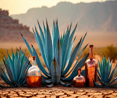 Blue-green agave plants with spiky succulent leaves growing in an arid Indian landscape with cracked earth, with distillation equipment visible in the background under dramatic sunlight