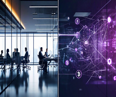 Split composition contrasting a legitimate-looking modern fintech office with overlaid abstract visualization of complex hidden data flows and regulatory gaps