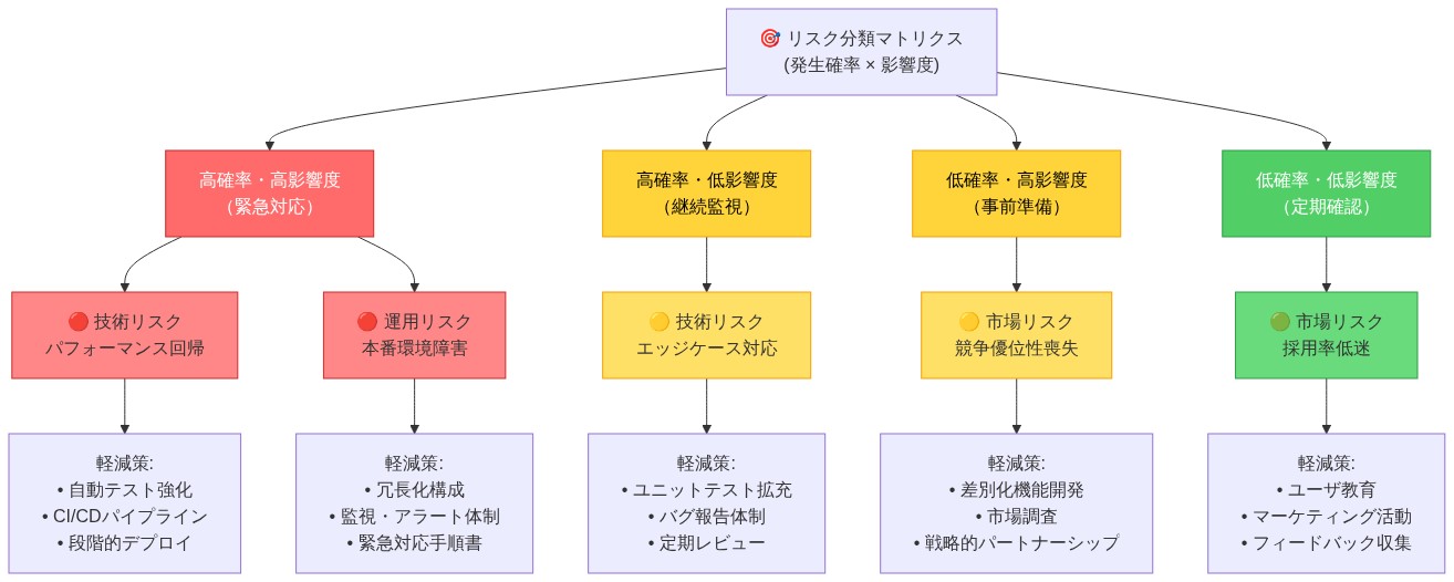 リスク分類マトリクスを示す図。発生確率と影響度の2軸で4象限に分類。高確率・高影響度(緊急対応)には技術リスク(パフォーマンス回帰)と運用リスク(本番環境障害)を配置し、自動テスト強化やCI/CDパイプライン、冗長化構成などの軽減策を記載。高確率・低影響度(継続監視)にはエッジケース対応、低確率・高影響度(事前準備)には競争優位性喪失、低確率・低影響度(定期確認)には採用率低迷を配置。各リスクに対応する軽減策を列挙。