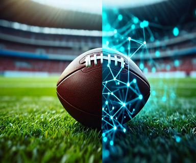 Split composition showing a traditional football on grass transitioning into abstract digital AI network patterns, representing the intersection of sports tradition and artificial intelligence technology