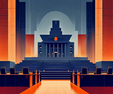 Japanese Diet building with abstract representation of parliamentary seats showing two-thirds supermajority threshold, featuring geometric shapes in blue and orange tones representing the coalition parties' 310-seat achievement