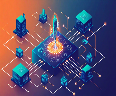 Isometric illustration of a startup organization structure with branching pathways leading from a central founder node to specialized roles, highlighting an automation and marketplace infrastructure position with interconnected gears and circuit patterns against a gradient background transitioning from startup orange to corporate blue