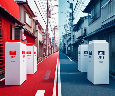 Split composition image depicting Japanese electoral dynamics in Kanagawa District 8, showing contrasting campaign elements with LDP victory symbols on one side and fragmented opposition imagery on the other, centered around a district map outline