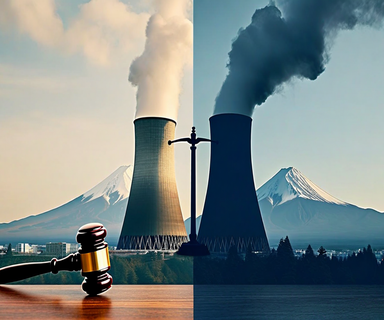 Split composition showing a nuclear power plant with cooling towers against Japanese mountains on one side and legal scales of justice on the other, connected by seismic wave patterns, representing the court case over earthquake safety at the Ohi Nuclear Power Plant