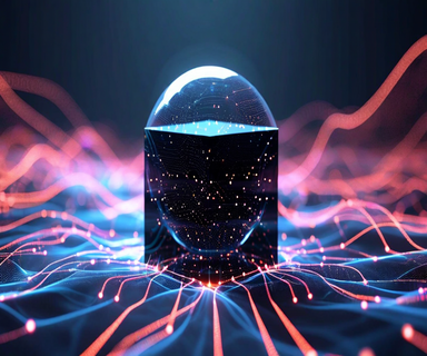 Conceptual visualization of knowledge distillation showing a large opaque black geometric structure transferring knowledge through flowing data streams to a smaller transparent crystalline structure, representing black-box AI model distillation
