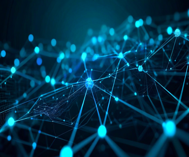 Abstract visualization of a graph neural network with interconnected nodes and glowing edges showing information propagation through a knowledge graph structure