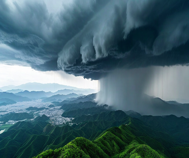Aerial view of a linear precipitation band weather system over southern Kyushu, Japan, showing dark storm clouds in a distinctive linear formation with heavy rainfall and dramatic atmospheric conditions