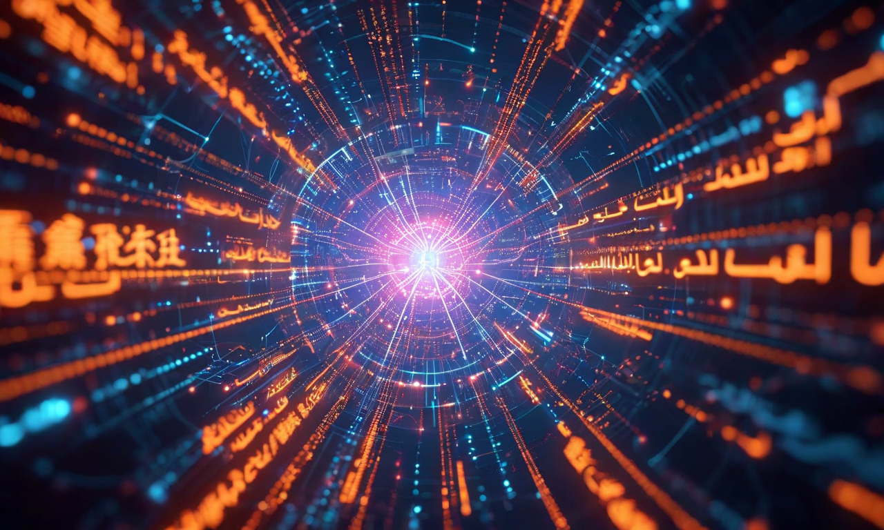 複数の言語が等しい明るさと視覚的な重要性を持つ発光ノードとして表現され、バランスの取れたネットワークで相互に接続されている。異なる文字体系(ラテン文字、アラビア文字、中国語、デーヴァナーガリー文字、キリル文字)が中央のハブから対称的に放射状に広がり、言語間の格差が解消された公平なAIシステムの理想像を視覚化している。