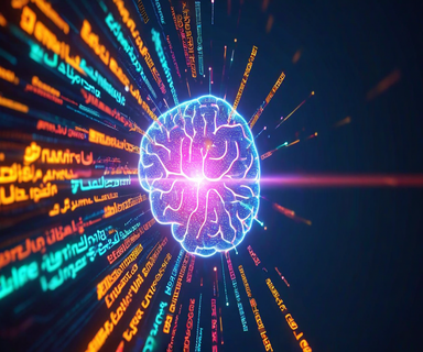 A digital neural network visualization with streams of light in various colors and thicknesses radiating outward, representing the imbalanced representation of different languages in AI training data, with one dominant bright stream and multiple dimmer streams containing characters from diverse writing systems
