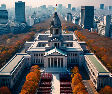 Aerial view of Japan's National Diet Building with its distinctive architecture, symbolizing the legislative body where the Liberal Democratic Party is projected to secure a significant majority