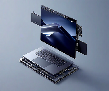 A modern modular laptop prototype with detachable port modules and dual displays shown in an exploded view, highlighting interchangeable connectivity components against a blue-gray gradient background