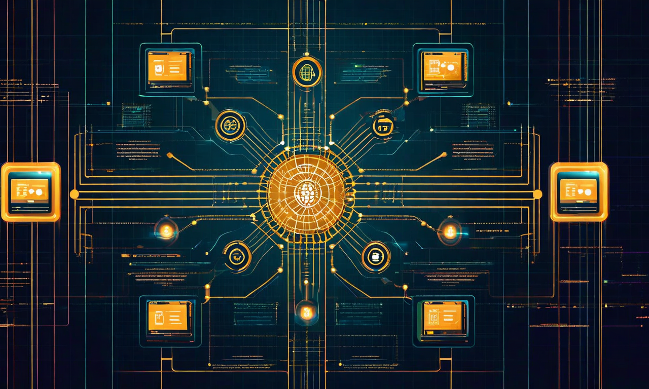 集中管理されたデザイントークンシステムの参照アーキテクチャを示す図。中央の金色のノードから複数のコンポーネント層へ向かって組織化されたデータフローが流れ出ており、各層の周囲にはガードレール（制約）を示す境界線が表示されている。ボタン、タイポグラフィ、カラーシステムなどの分散されたUIコンポーネントへの一貫した配信フローを視覚化している。