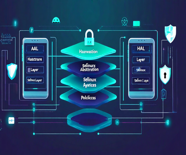 Technical diagram showing three layered levels of Android system architecture with security symbols, representing API interfaces, hardware abstraction layer, and security policies in a modern blue and teal color scheme