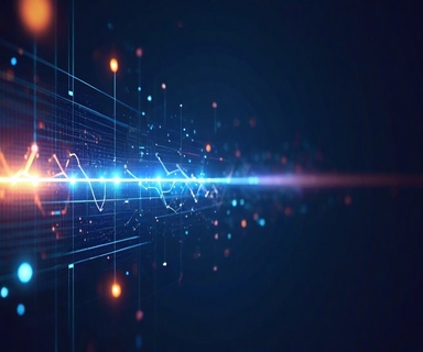 Abstract visualization depicting temporal lag in linear tracking systems, showing an event marker separated from its corresponding measurement indicator by a trail of light, illustrating the delay between occurrence and reflection in metrics