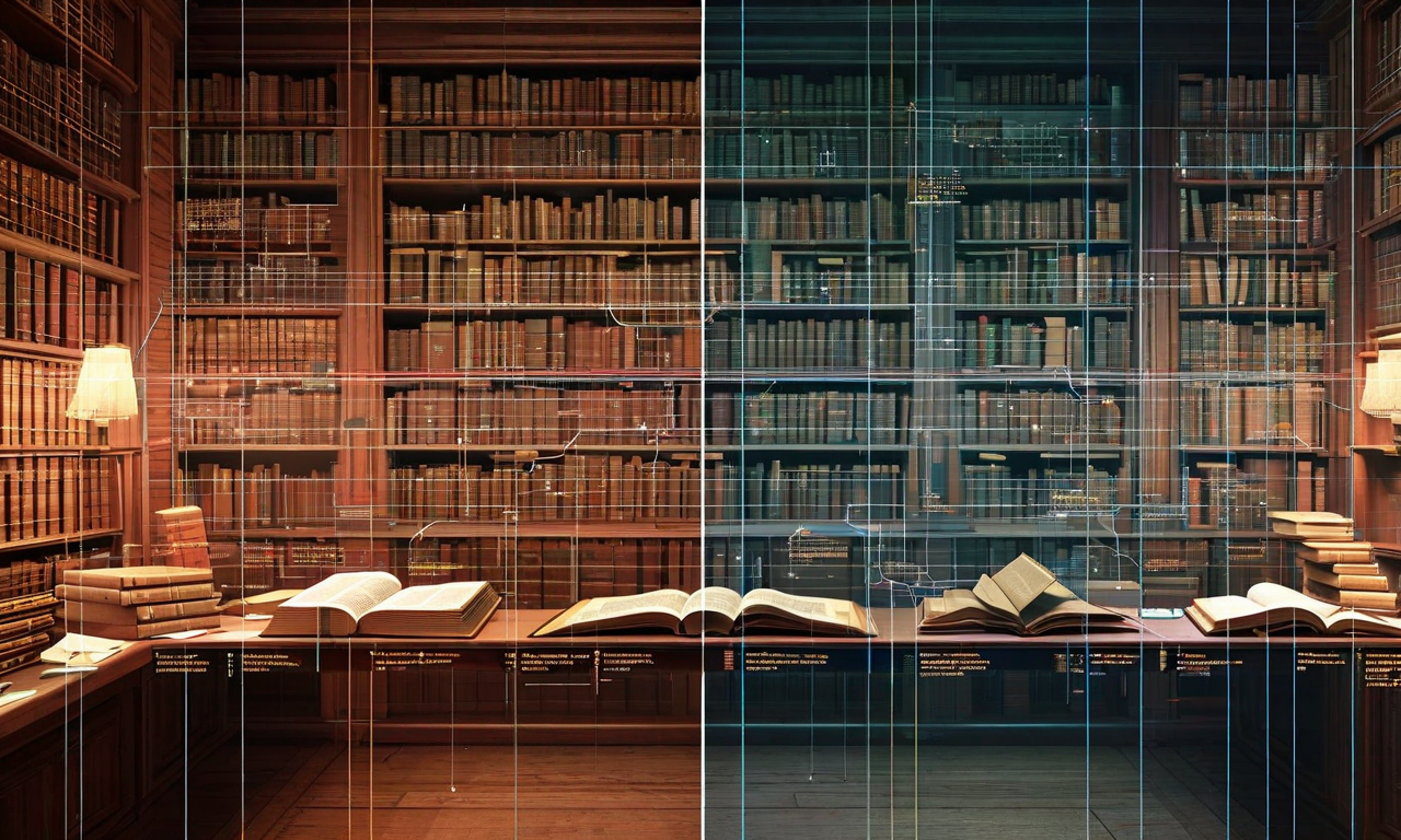 400年にわたる知識仲介者の進化を示す抽象的なタイムライン。17世紀の百科事典編纂者から始まり、19-20世紀の図書館員を経て、現代のAIシステムへと発展する系統図。各時代の権威的な外観と実質のギャップが視覚的に表現されており、時間を通じて繰り返されるパターンが半透明のレイヤーで示唆されている。