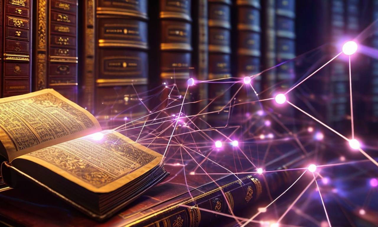 A layered conceptual illustration showing the evolution of knowledge intermediaries from 17th-century encyclopedias through card catalogs to modern AI neural networks, with historical elements fading into sepia tones while contemporary AI visualization glows in blue and purple in the foreground