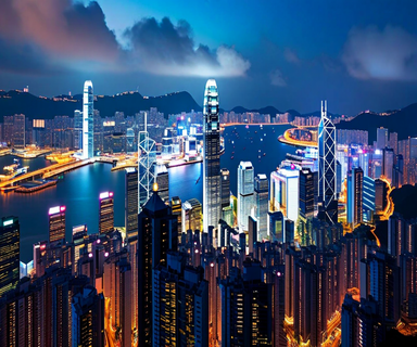 Hong Kong financial district skyline at dusk with integrated semiconductor and circuit board design elements, representing Longsys Electronics' stock market debut and position in the semiconductor supply chain
