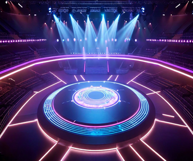Aerial view of a futuristic startup competition arena with a central illuminated stage surrounded by 200 glowing points representing competing startups, with holographic growth metrics and data visualizations floating in a tech-inspired blue and purple environment