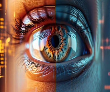 Split composition contrasting a natural human eye with the same eye viewed through augmented reality digital overlays and interface elements, illustrating the difference between direct and mediated perception