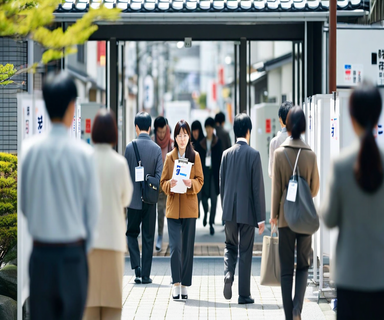 Japanese voters exiting a polling station while survey interviewers with clipboards conduct exit polls, depicting the democratic data collection process in a professional urban setting