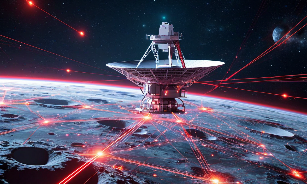 月面ラジオ望遠鏡システムの5つの主要サブシステム(受信機、信号処理、データ伝送、電力供給、熱管理)が複雑に相互接続されたネットワーク図。各サブシステムは発光するノードで表現され、色分けされたパスウェイで接続されている。ボトルネックポイントは赤く強調表示され、データフロー制限を示す圧縮された接続線で表現されている。背景は深宇宙のテーマで、技術的な回路パターンが組み込まれている。