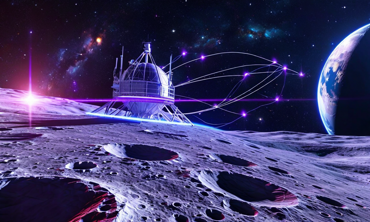 月面に設置された先進的なラジオ望遠鏡施設から、地球および宇宙深部へと広がる観測ネットワークを示す未来的なビジュアル。月面の天文台ドーム、高度なアンテナアレイ、発光するデータストリーム、遠方の銀河や宇宙現象が描かれており、次世代の観測技術と宇宙科学の発展を表現している。