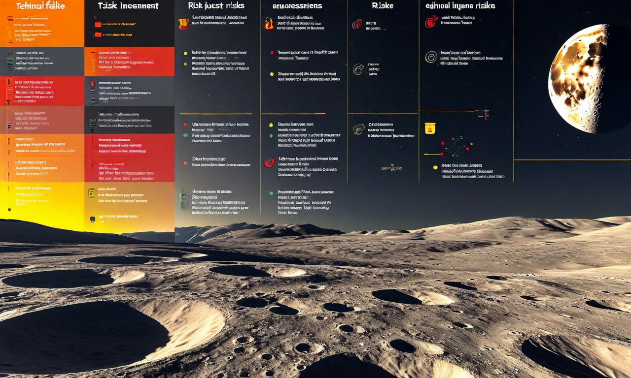 月面ラジオ望遠鏡プロジェクトのリスク分析マトリックス。4つの象限に分かれており、各象限は異なるリスク要因を表現している。技術的リスク(機器故障、RFI侵入)、環境リスク(月塵、隕石衝突、温度変動)、政治的リスク(国際協定、資金削減)、運用リスク(通信遅延、遠隔保守の困難性)が色分けされ、リスクレベルを視覚的に示している。