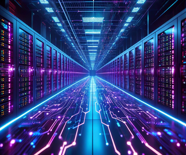 Expansive data center with rows of illuminated servers stretching to the horizon, overlaid with glowing neural network patterns and AI circuit pathways in blue and cyan lighting, representing the massive infrastructure investment required for AI agent deployment