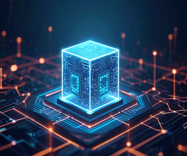 An AI agent represented as a glowing digital entity enclosed within a protective sandbox structure, surrounded by security barriers and system architecture elements, illustrating process isolation and security containment