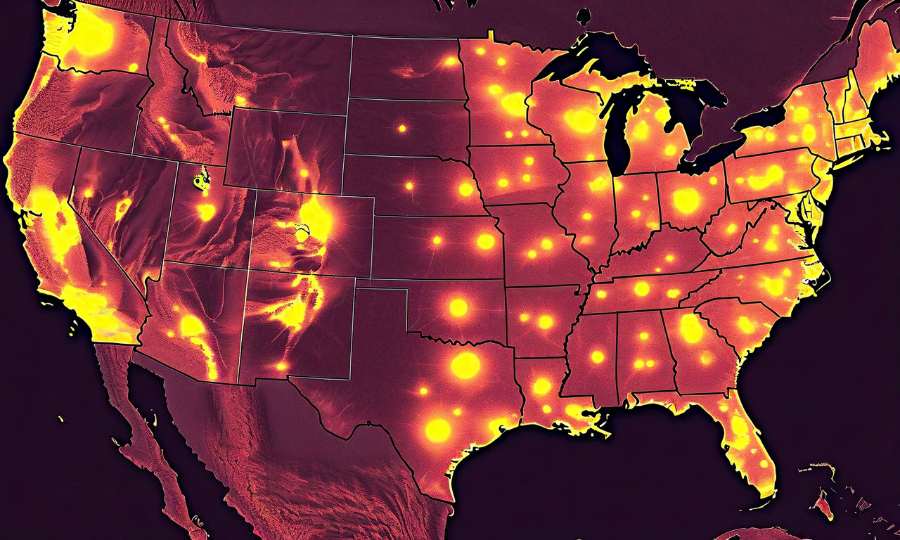 全米の地図上に麻疹感染の地理的分布を示すヒートマップ。複数州にわたる感染ホットスポットが色の濃淡で表現され、都市部の人口密集地域に濃い赤色のクラスターが集中している。ワクチン接種率が低い地域と高い感染率の相関が視覚的に示されており、州間の感染ネットワークが線で結ばれている。