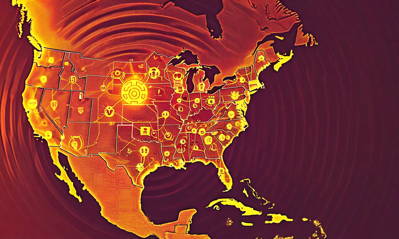 テキサス州を中心に、波紋状に全米へ広がる麻疹アウトブレイクの拡大を表現した疫学的ビジュアライゼーション。赤色から黄色へのグラデーション、医学的警告シンボル、ウイルス粒子、感染伝播経路を示す相互接続ノードが含まれている。