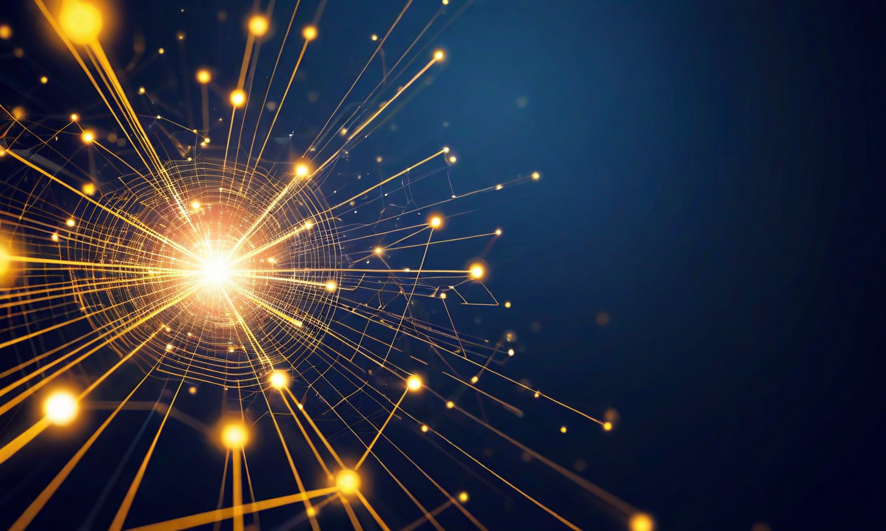 複雑に絡み合ったネットワーク構造の中で、1つの中央ノードが金色の光を放ちながら明るく輝いており、周囲の小さなノードから多くの接続線が集中している。このレバレッジポイント(ボトルネック)が全体のシステムフローを制御している様子を表現した抽象的なビジュアル。