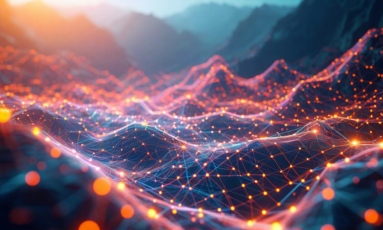 複数のリスク要因(モデル過信、環境変化、認知バイアス)が相互作用する様子を表現した抽象的な風景イメージ。各リスク要因は相互に接続された流動的な要素として描かれ、その上に複層的な軽減戦略が保護バリアと対策経路として視覚化されている。暖色系のリスク表現から寒色系の軽減戦略表現へのグラデーション、発光するノードと接続線によってリスクと対策の関係性を示している。