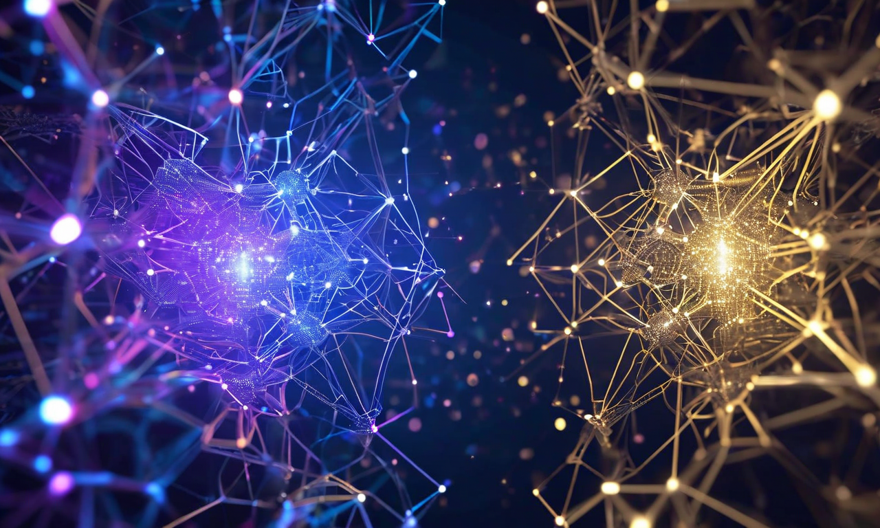複雑に絡み合ったニューロンネットワークが、左側から右側へ段階的に整理された幾何学的パターンと結晶構造へ変換される様子を表現した抽象的なビジュアル。青紫色の有機的なノードが、金色と銀色の対称的な格子構造へと進化していく過程を示している。